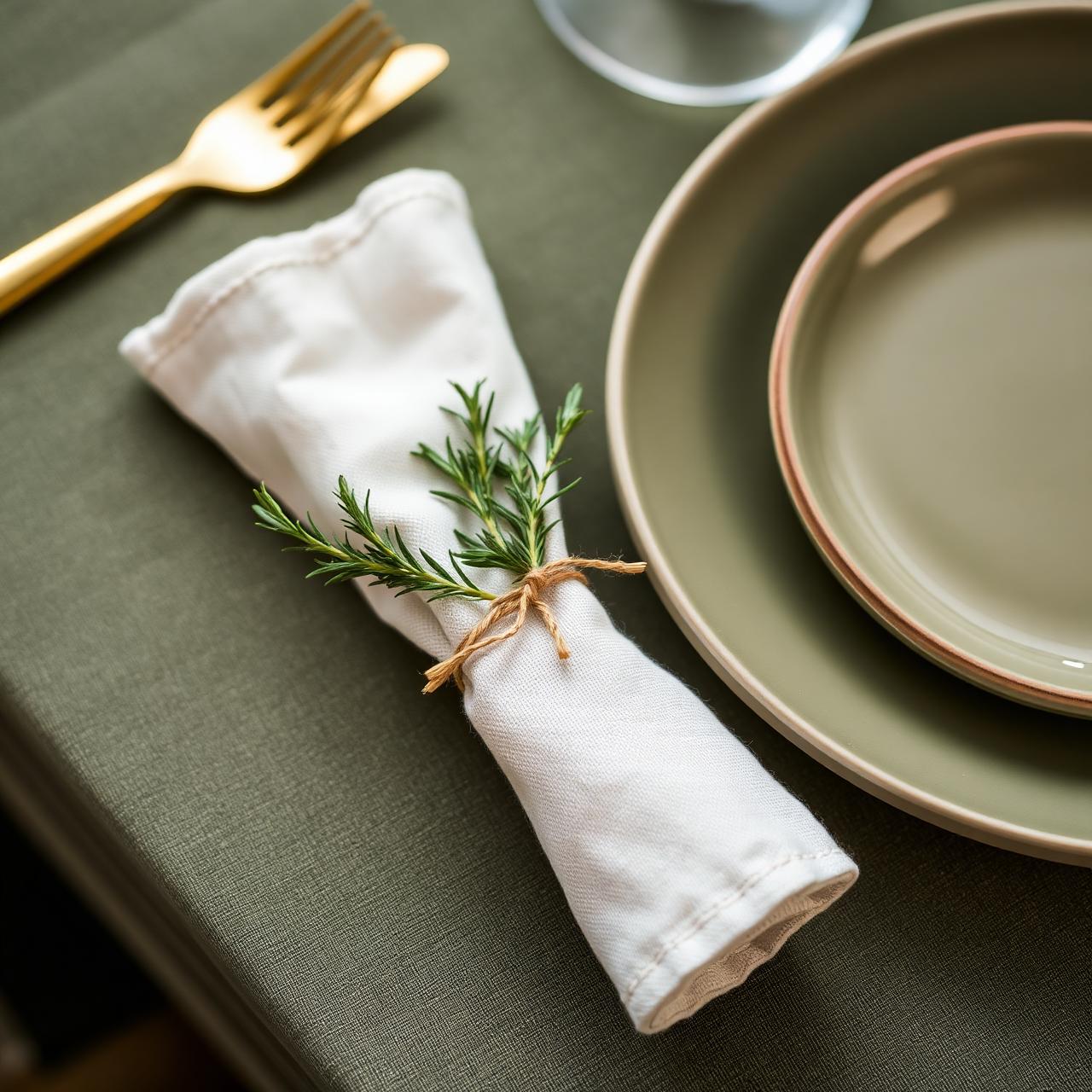 Detalhe de mesa posta com guardanapo de linho e talher dourado