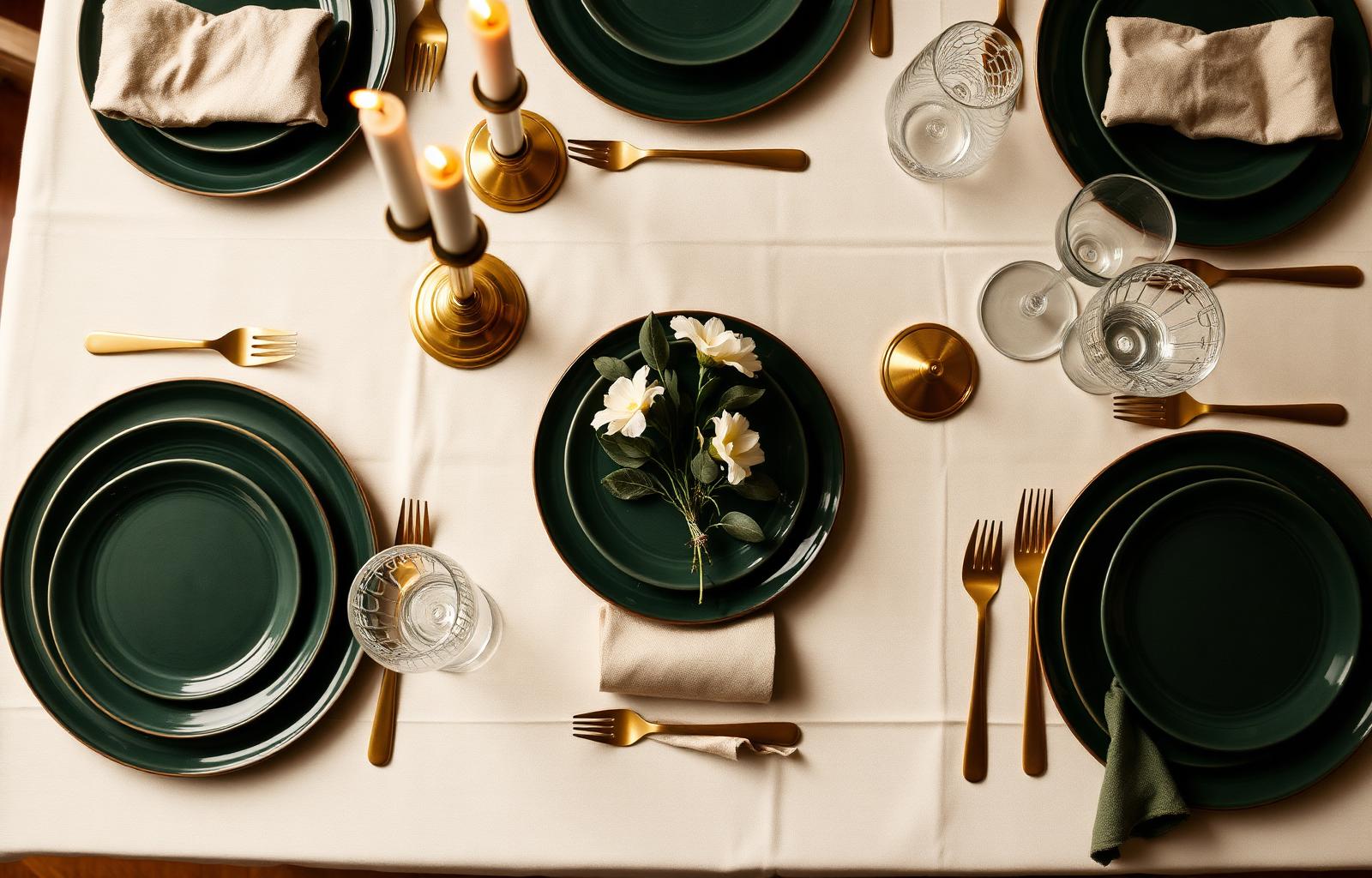 Mesa posta completa com pratos verdes e talheres dourados